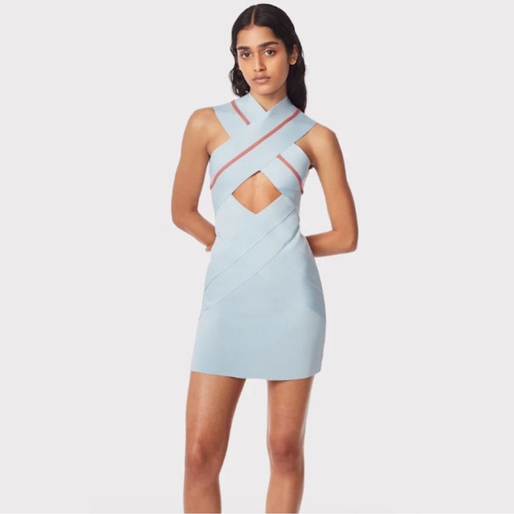 Herve Leger Crossover Bodycon Dress Steel Blue Size: S NWT